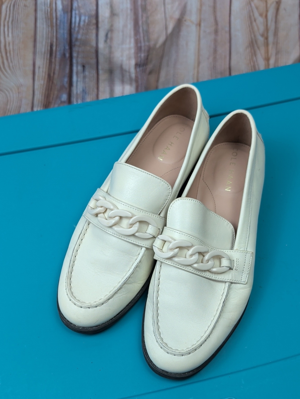Cole Haan Cream Chain-Trim Leather Loafers for Women 6.5